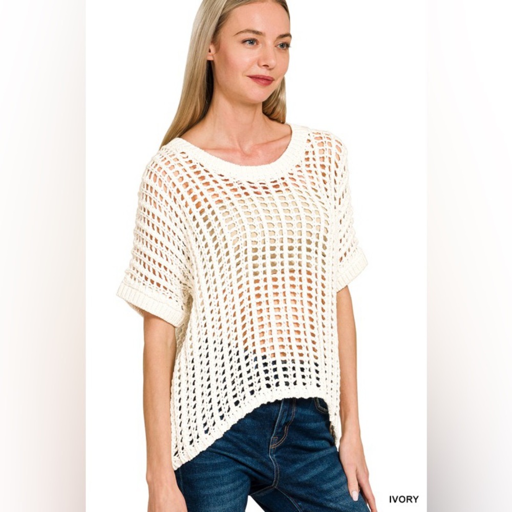 Zenana Ivory Fish Net Short Sleeve Crochet Sweater